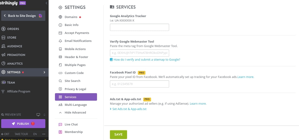 null Website analytics tools on Strikingly